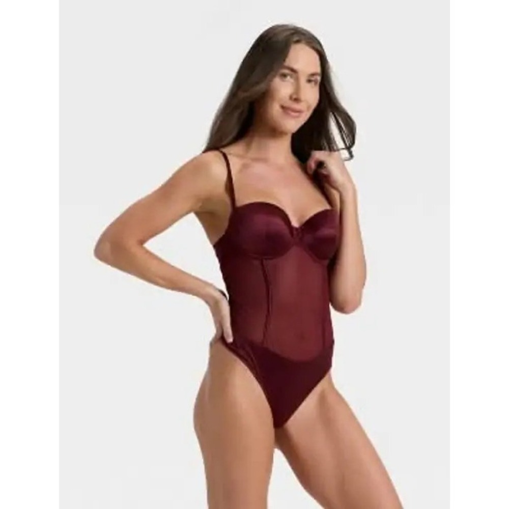 Satin and Mesh Lightly Lined Lingerie Bodysuit Berry Red Medium